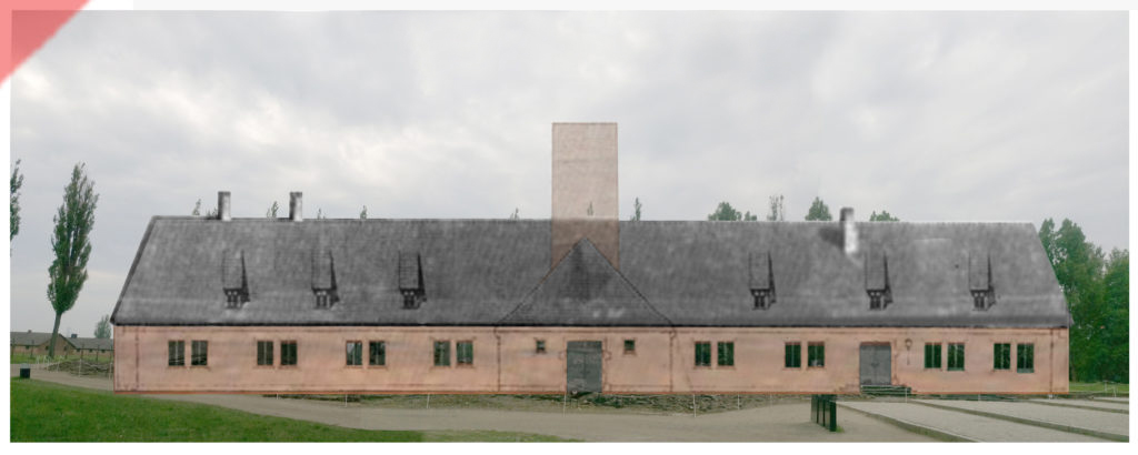 superimpose-now-then-in-color-colour-1943-1944-Auschwitz-Birkenau-Krematorium-crematorium-color-farbig-2-II-north-side-Nordseite-Ueberblenden-now-then-comparison-Damals-Jetzt-Vergleich-1943-1944-Foto