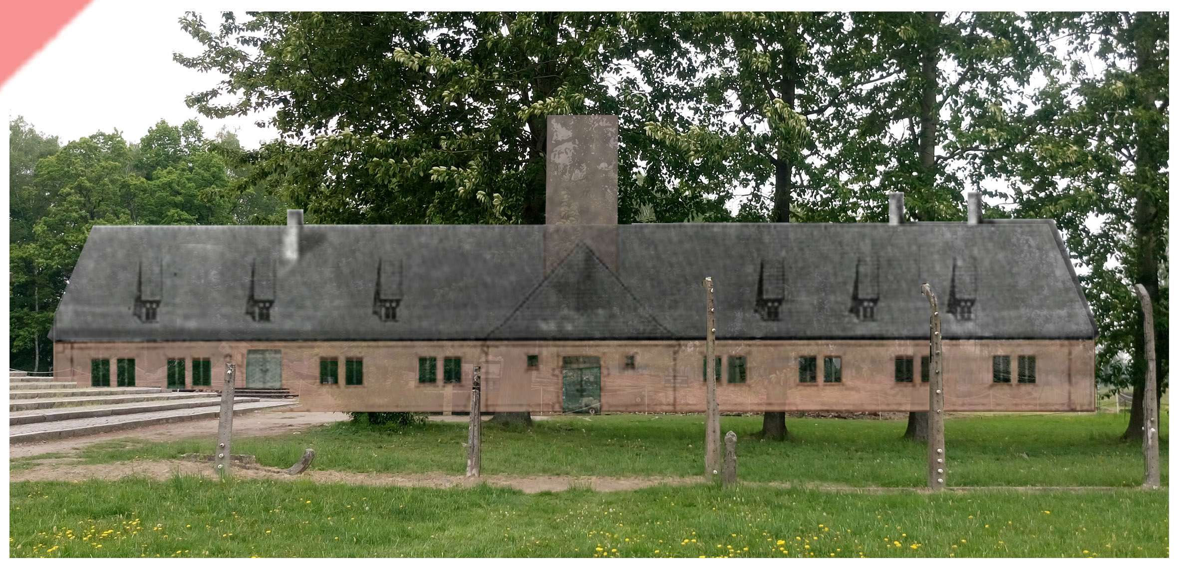 superimpose-now-then-in-color-colour-1943-1944-Auschwitz-Birkenau-crematorium-Krematorium-color-farbig-3-III-Ueberblenden-damals-jetzt-vergleich-now-then-1944-Photo