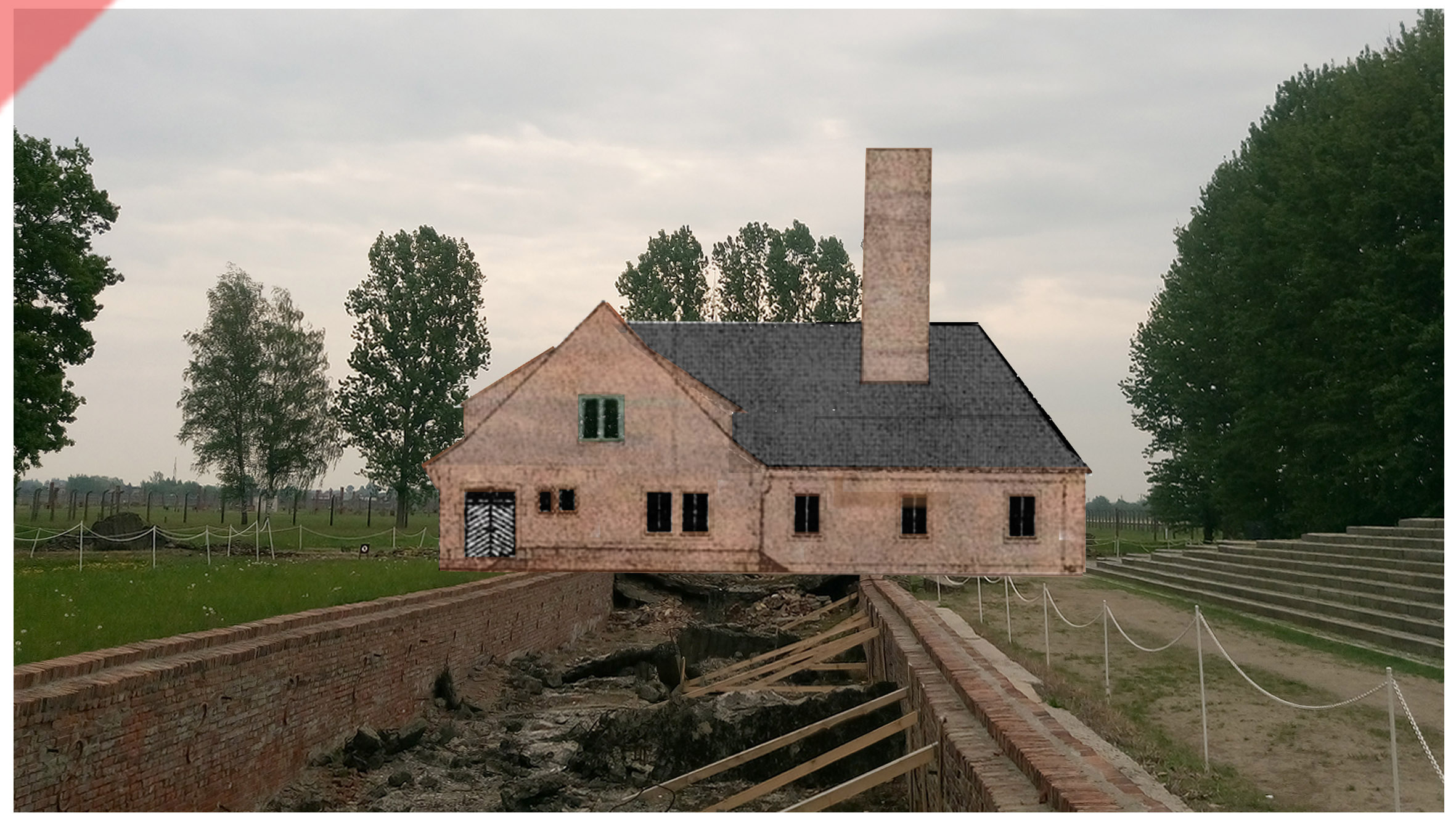 superimpose-now-then-in-color-colour-1943-1944-Auschwitz-Birkenau-crematorium-Krematorium-color-farbig-3-III-Ueberblenden-damals-jetzt-vergleich-now-then-1944-Photo