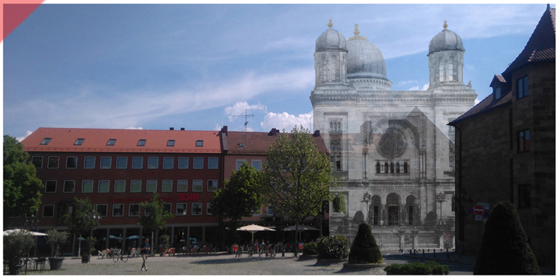 Synagoge-Nuernberg-Hans-Sachs-Platz-farbig-queransicht-ostseite-2022-platz-damals-jetzt-vergleich