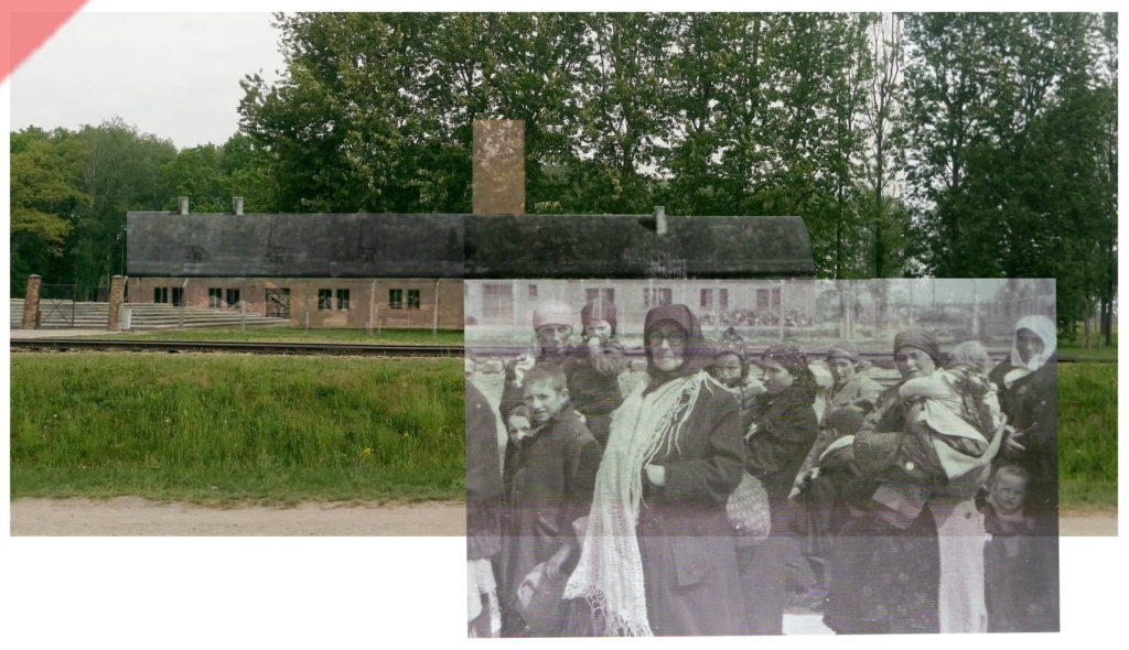 superimpose-now-then-in-color-colour-1943-1944-Auschwitz-Birkenau-Krematorium-crematorium-color-farbig-2-II-north-side-Nordseite-Ueberblenden-now-then-comparison-Damals-Jetzt-Vergleich-1943-1944-Foto